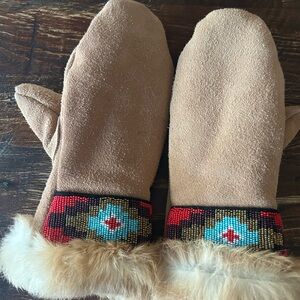 Filson X Astis Tan Mittens with Beaded Cuffs and Rabbit Fur